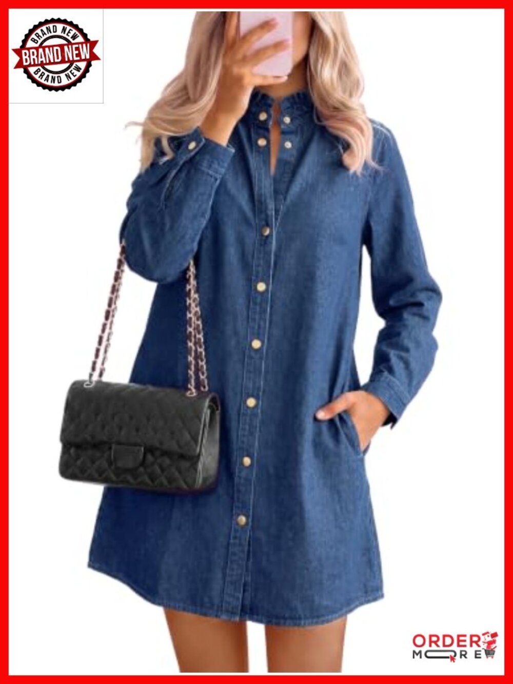 Denim Dress Long Sleeve Button Down Ruffle Collar Jean Shirt Dress